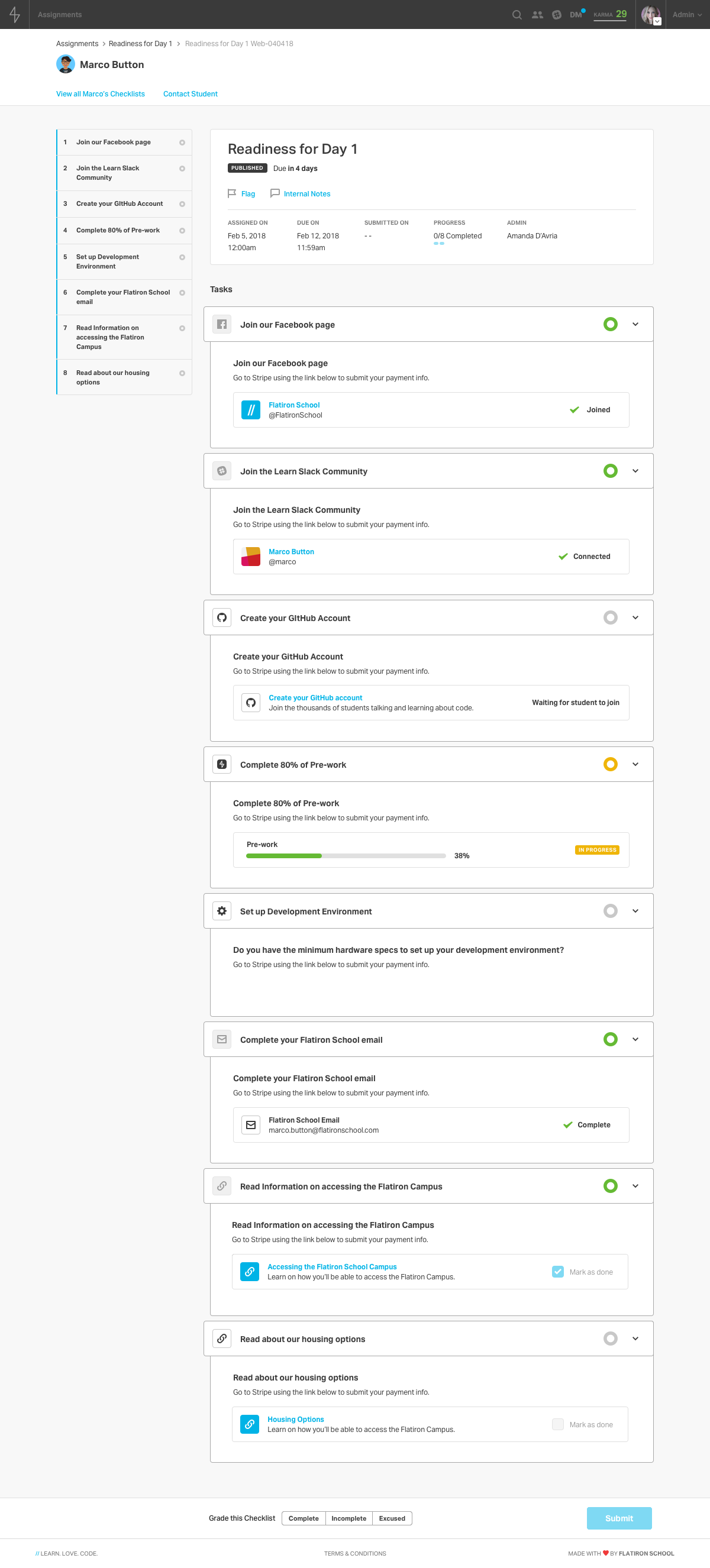 Student checklist interface